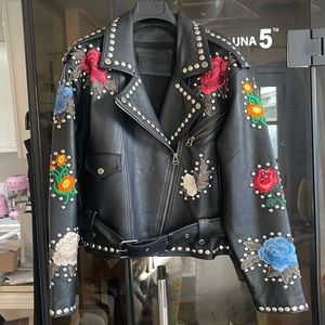 Studded Leather Jacket with Flowers